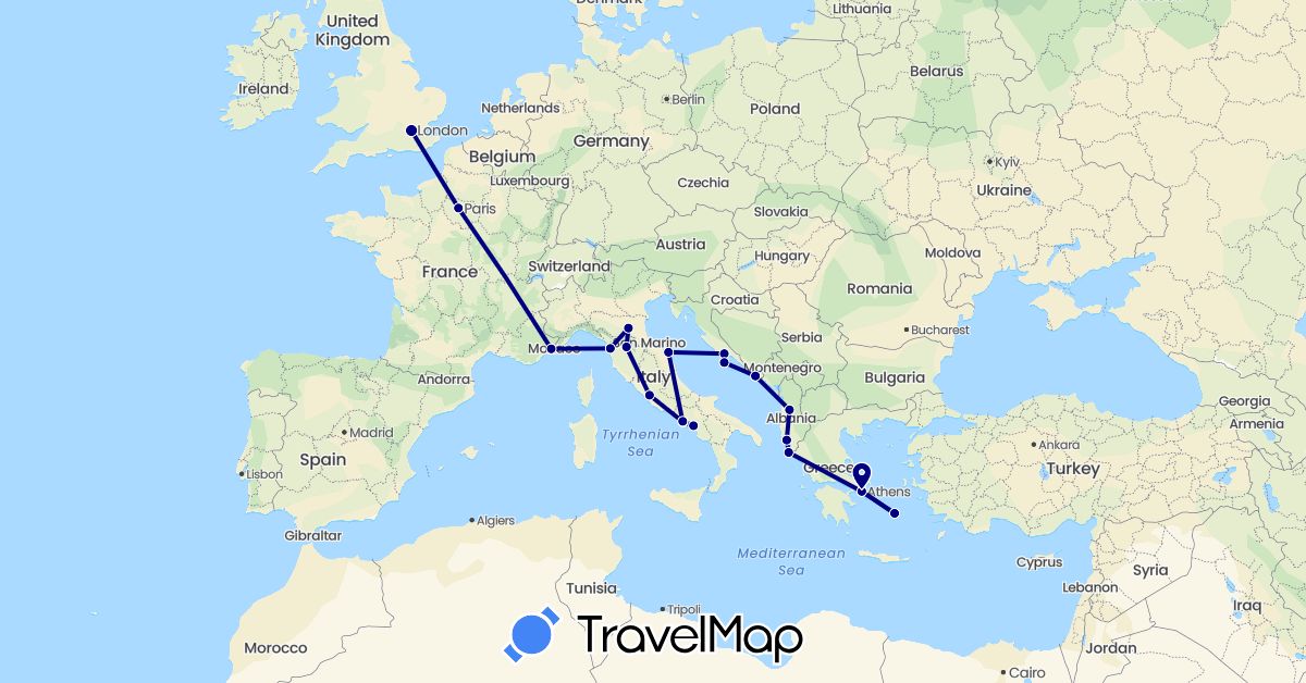 TravelMap itinerary: driving in Albania, France, United Kingdom, Greece, Croatia, Italy (Europe)